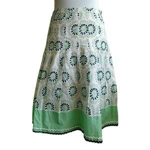 Ann Taylor LOFT Patterned Skirt Green White Tan A-Line Flare 0